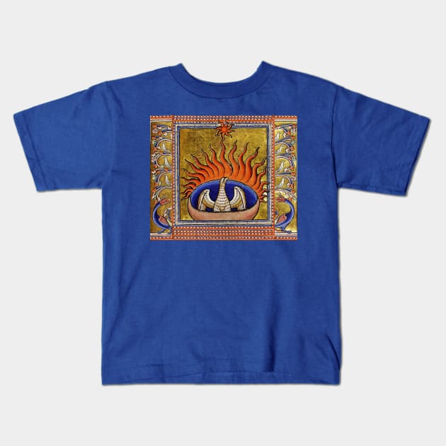 MEDIEVAL BESTIARY,PHOENIX IN RED FLAMES,TREE OF LIFE ,BIRDS,DRAGONS FANTASTIC ANIMALS IN GOLD RED BLUE COLORS Kids T-Shirt by BulganLumini